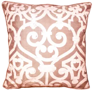 Tan throw pillow with bold white damask print by Sullivan Mercantile.