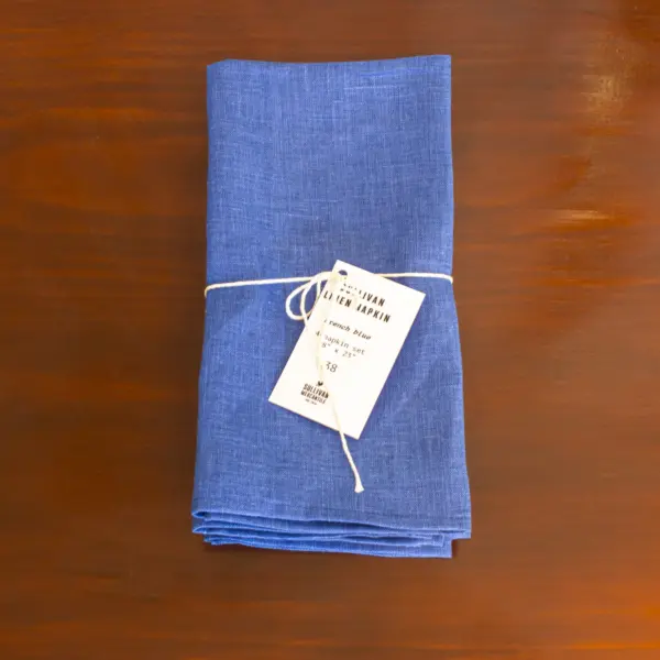 Set of 4 linen napkins in French Blue in packaging by Sullivan Mercantile