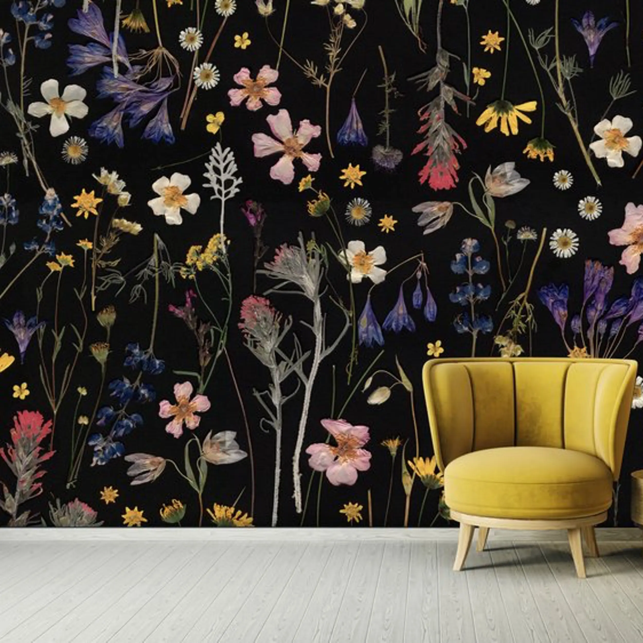 Floral wallpaper with yello chair